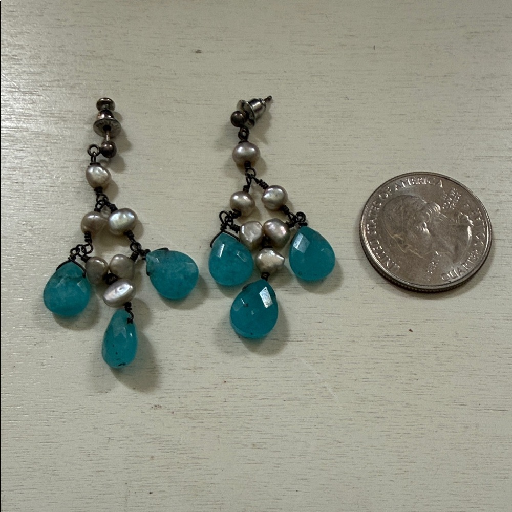 Handcrafted Teal Drop Pearl Cluster Earrings - Women Jewelry